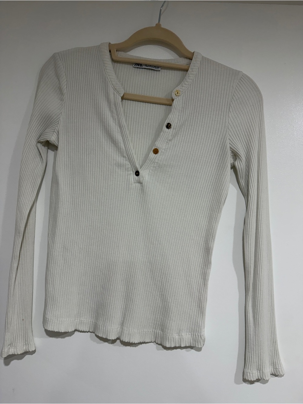 Zara Long-Sleeve Ribbed Henley Top in Cream